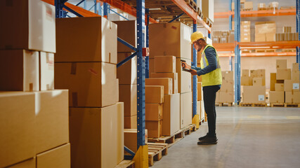 Retail Warehouse full of Shelves with Goods in Cardboard Boxes, Male Worker Scans and Sorts...
