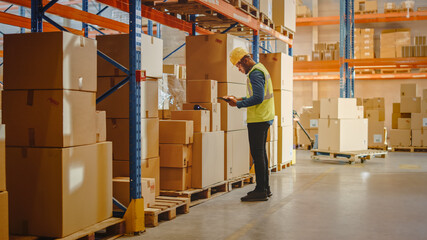 Retail Warehouse full of Shelves with Goods in Cardboard Boxes, Male Worker Scans and Sorts Packages for Delivery. In Background Loaders Move Products with Forklifts. Distribution Logistics Center