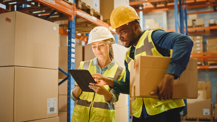 Retail Warehouse full of Shelves with Goods in Cardboard Boxes, Male and Female Supervisors Use...