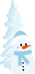  happy snowman with christmas tree. Vector illustration, new year, Christmas, holiday, winter, weekend. snow.Happiness, joy, fun.