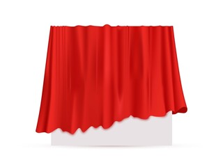Red cloth drapery covering square object. Silk fabric hanging on gift for surprise reveal vector illustration. Hidden secret under veil decoration. Mysterious presentation event