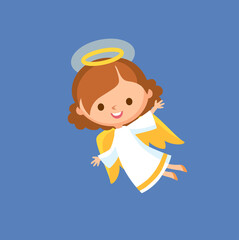 Little baby Christmas Angel flying in sky. Fairy tale book character.
