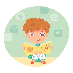 Kid sitting on toilet with book in bathroom. Little happy boy on toilet pot reading alphabet book. Healthy daily lifestyle routine vector illustration. Childhood activities