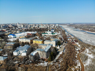 Aerial view of the city of Kirov and the Vyatka river in spring