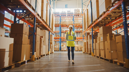 Professional Female Worker Wearing Hard Hat Checks Stock and Inventory Walks in the Retail Warehouse full of Shelves with Goods. Working in Logistics, Delivery Center. Back View