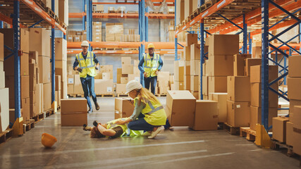 Warehouse Worker Has Work Related Accident Falls while Trying to Pick Up Cardboard Box from the Shelf. Colleagues Call for Help and Medical Assistance. Injury at Work.