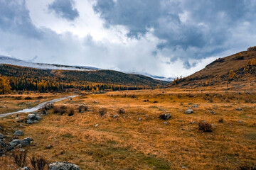 Autumn mountain valley landscape with forest on background. Outdoor landscape. Autumn nature background. Katon-Karagay national park in East Kazakhstan. Tourism, travel, journey in Kazakhstan concept.