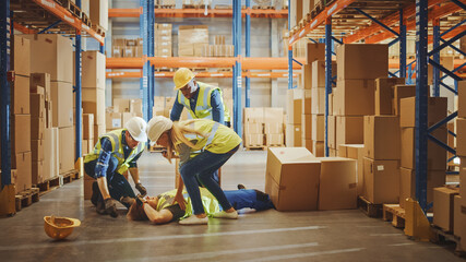 Warehouse Worker Has Work Related Accident Falls while Trying to Pick Up Cardboard Box from the...