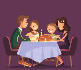 Christmas thanksgiving family evening dinner celebration. Family eating together and has making conversation sitting around the table with festive holiday homemade meal. Family union.