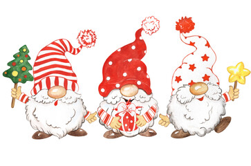  Watercolor illustration with three Christmas gnomes in red caps, funny gnomes, new year card design, congratulations, holiday