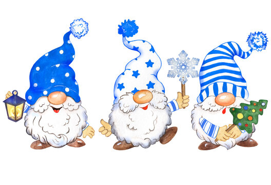 Watercolor illustration with christmas gnomes in blue hats, funny gnomes, new year greetings, holiday decor