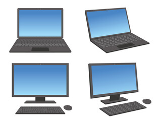 正面と斜めから見たデスクトップパソコンとノートパソコンのイラストセット/白背景	