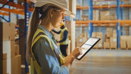 Professional Female Worker Wearing Hard Hat Uses Digital Tablet Computer with Inventory Checking...