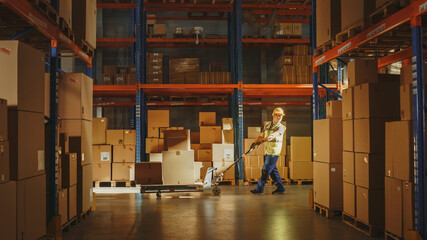 Worker Moves Cardboard Boxes using Hand Pallet Truck, Walking between Rows of Shelves with Goods in Retail Warehouse. People Work in Product Distribution Logistics Center. Side View Shot