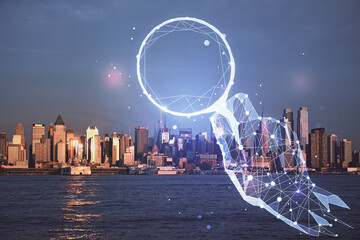 Double exposure of start up theme drawings over cityscape background. Concept of success.