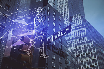 Double exposure of start up theme drawings over cityscape background. Concept of success.