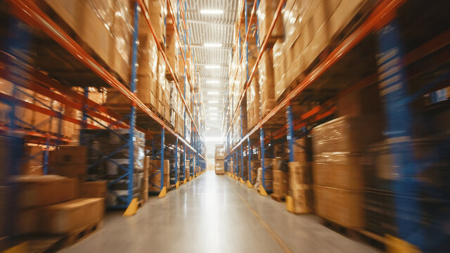 Blurred Motion Moving View Through a Retail Warehouse full of Shelves with Goods in Cardboard Boxes and Packages. Logistics, Sorting and Distribution Facility for Product Delivery.