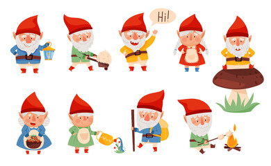 Fantastic Gnome Character with White Beard and Red Pointed Hat Vector Illustration Set