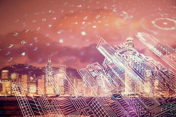 Double exposure of buildings hologram over cityscape background. Concept of smart city.