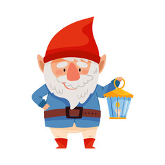 Bearded Gnome Character with Red Pointed Hat Holding Lamp Vector Illustration
