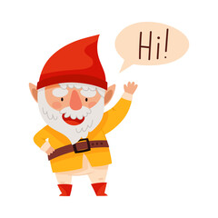 Smiling White Bearded Gnome Character with Red Pointed Hat Waving Hand Greeting Vector Illustration