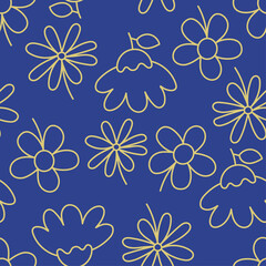 Vector illustration of a print for a greeting card. Seamless bright pattern. White flowers on a blue background.