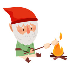 Funny Gnome Character with White Beard and Red Pointed Hat Frying Marshmallow Vector Illustration