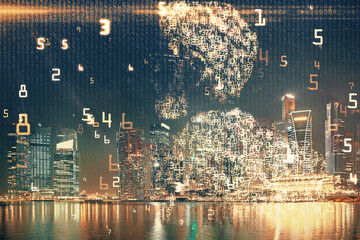 Double exposure of technology theme hologram and cityscape background. Concept of Hightech.