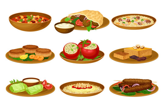 Egyptian Food and Dishes with Dolma and Falafel Vector Set