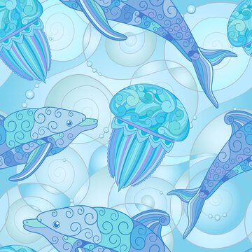 Seamless pattern. Jellyfish and dolphins with ornaments on the body