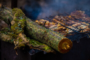 Grilled meat on the grill in rainy weather. Firewood from the forest. There is green moss on the tree bark.