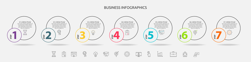 Circles vector line infographic with 7 step, icons. Timeline used for diagram, chart, web, banner, workflow layout, presentations, info graph, levels, chart, processes diagram