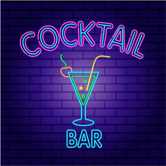 Vector illustration. Glowing neon sign for outdoor advertising of a night cocktail bar. Colorful signs with neon lights isolated on a brick wall.