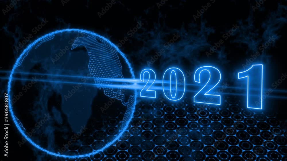Poster year change 2021 - abstract text animation - rotating glowing earth globe in front of dark backgroun