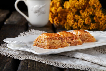 walnut, pistachio turkish style antep baklava presentation and service