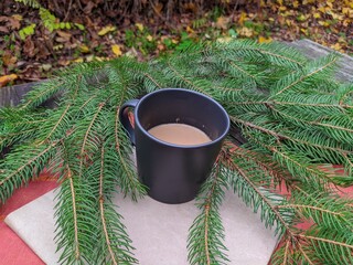 a cup of coffee and a spruce branch