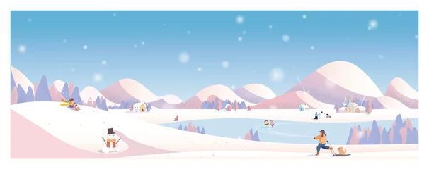 Rolgordijnen Kunst &amp  illustratie Vectorillustratie van winterlandschap. Sneeuw met kerk, landelijk dorp. Kinderen spelen buiten met sleight en sneeuwpop. Concept van winterlandschap achtergrond. © Paansaeng