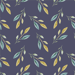 Seamless pattern with watercolor twigs with leaves on a purple background. For print, design, packaging, textiles, wallpaper.