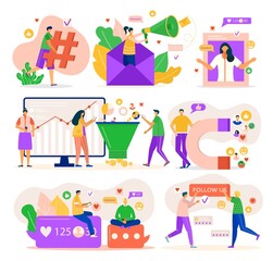 Digital marketing, business social management set of isolated vector illustrations. Startup, planning, market analytics, creative team and pay per click seo social media. Marketability analysis.