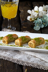 walnut, pistachio turkish style antep baklava presentation and service