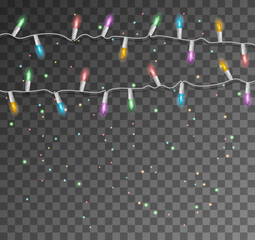 Garlands, Christmas decorations lights effects. Glowing lights for Xmas Holiday cards, banners, posters, web design. Garlands decorations.