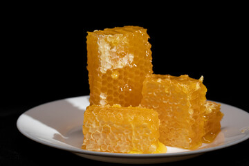 Yellow honey comb slice. Plate with fresh honeycombs and honey on black background