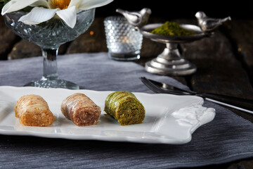 walnut, pistachio turkish style antep baklava presentation and service