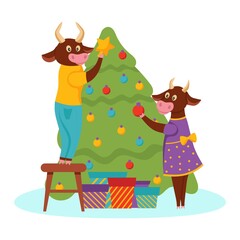 Bulls decorate the Christmas tree. Characters isolated on a white background. New year's holidays, Christmas. Flat cartoon vector illustration.