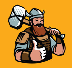 Viking with hammer. Sports mascot cartoon vector illustration
