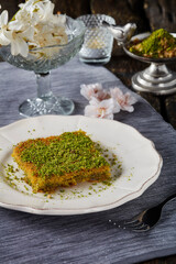 walnut, pistachio turkish style antep baklava presentation and service