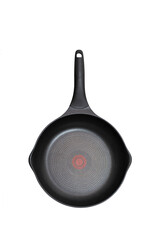 Round shaped pan with non-stick coating and temperature indicator isolated on white