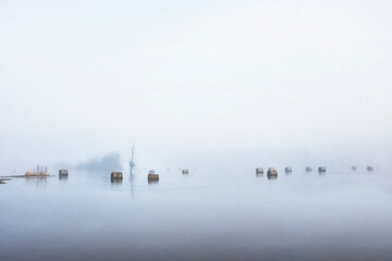 hay rolls in water and morning fog