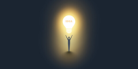 New Possibilities, Hope, Dreams - Man Standing In the Dark in Front of a Glowing Light Bulb - Business Creativity Vector Concept