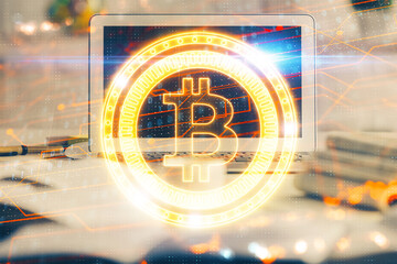Multi exposure of blockchain and crypto economy theme hologram and table with computer background....